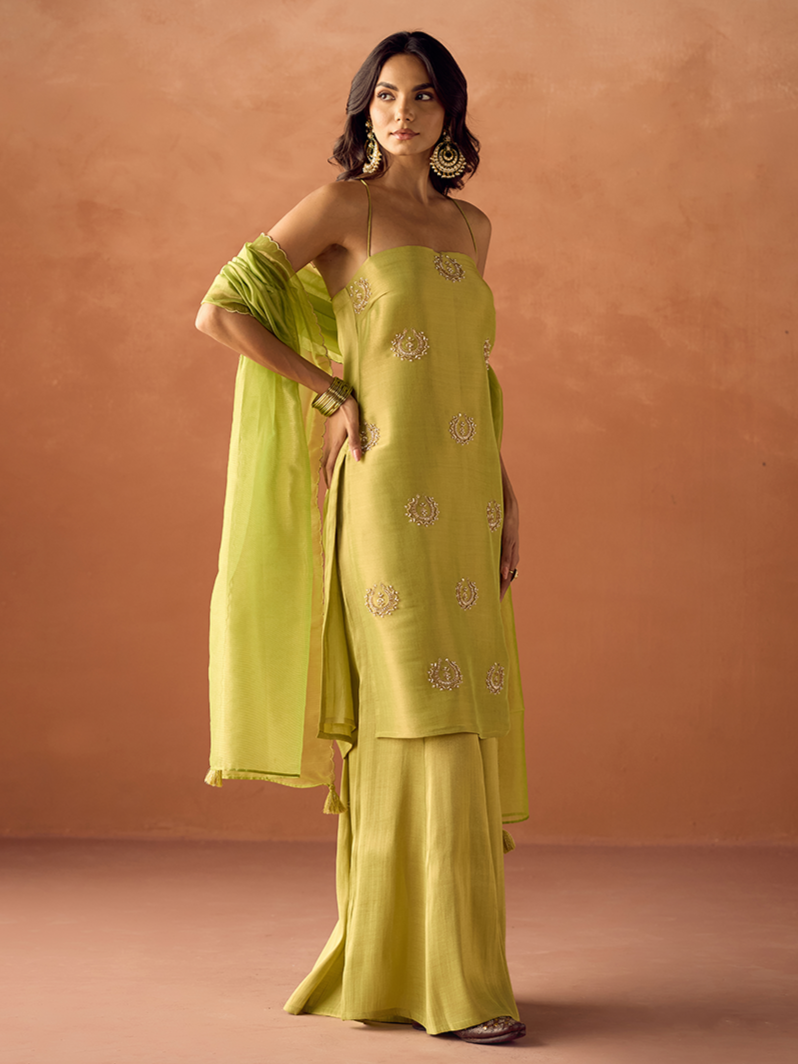 FIORRA Women Lime Green Tissue Blend Hand Embellished Kurta Set with Dupatta