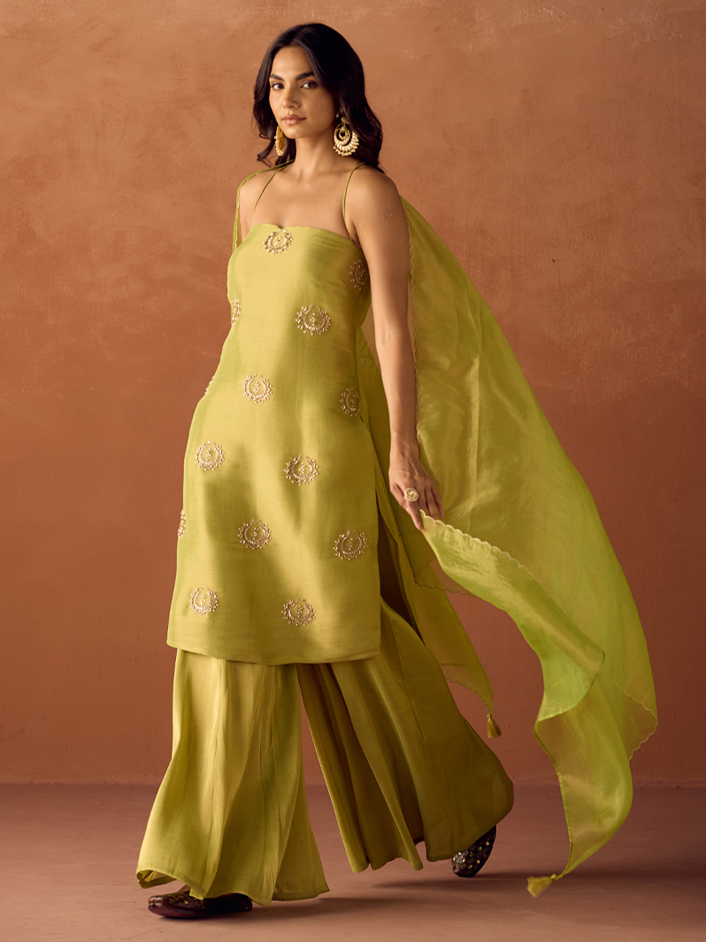 FIORRA Women Lime Green Tissue Blend Hand Embellished Kurta Set with Dupatta