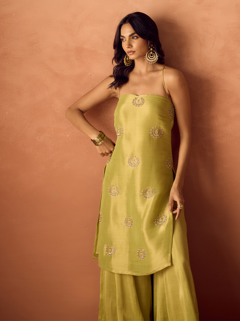 FIORRA Women Lime Green Tissue Blend Hand Embellished Kurta Set with Dupatta