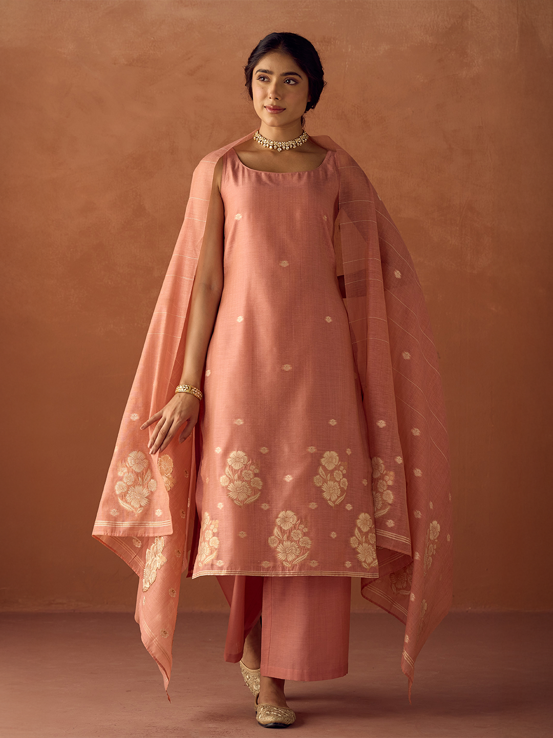 FIORRA Women Peach Cotton Blend Jacquard Woven Kurta Set with Dupatta