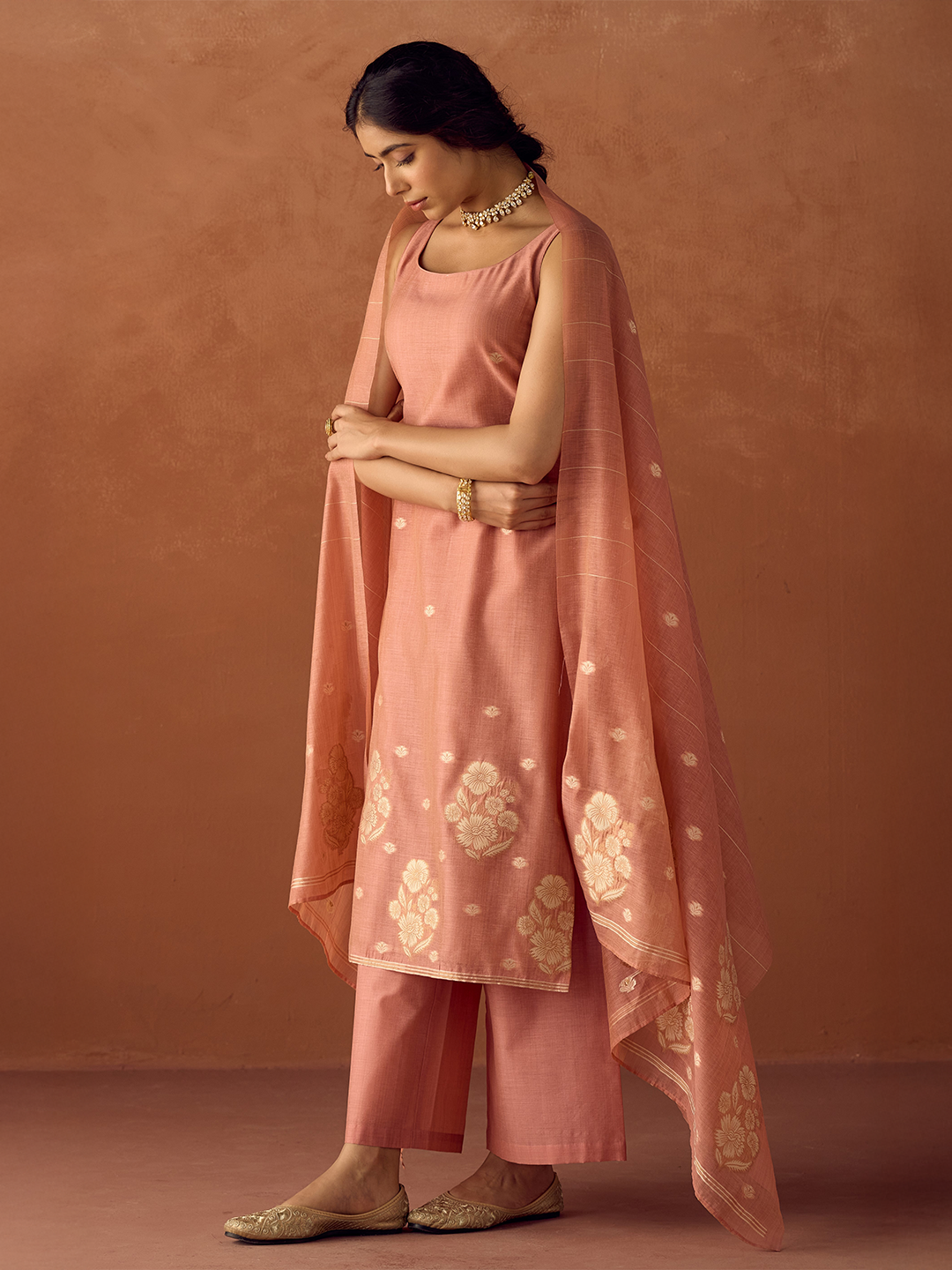 FIORRA Women Peach Cotton Blend Jacquard Woven Kurta Set with Dupatta