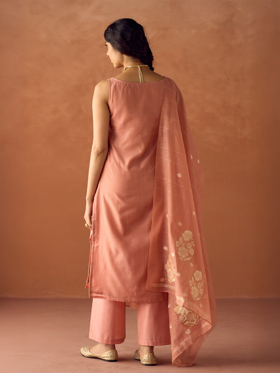 FIORRA Women Peach Cotton Blend Jacquard Woven Kurta Set with Dupatta