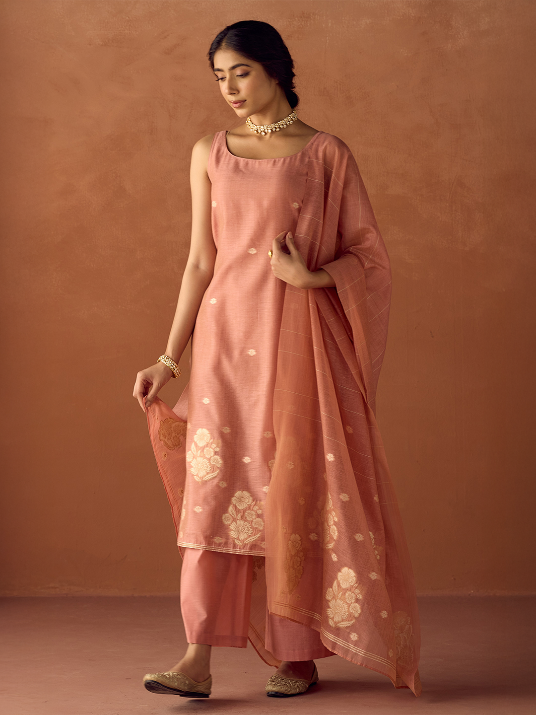 FIORRA Women Peach Cotton Blend Jacquard Woven Kurta Set with Dupatta