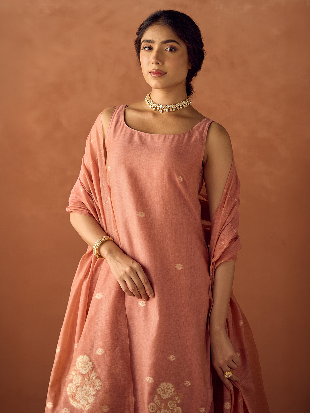FIORRA Women Peach Cotton Blend Jacquard Woven Kurta Set with Dupatta
