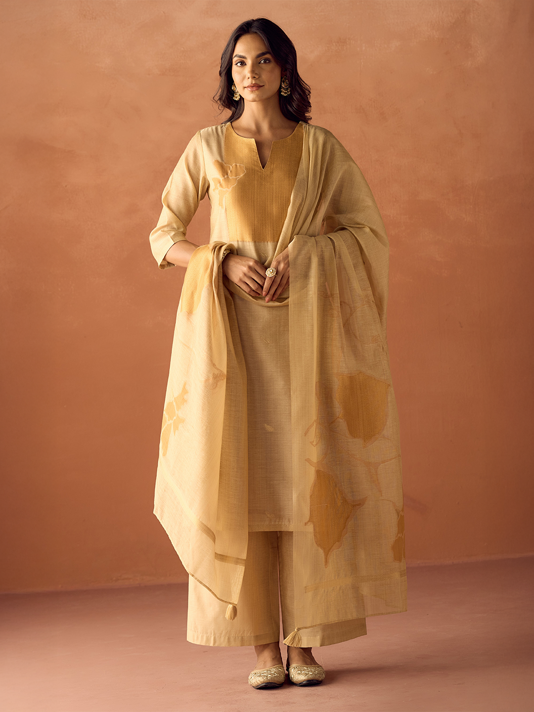 FIORRA Women Beige Cotton Blend Jacquard Woven Kurta Set with Dupatta