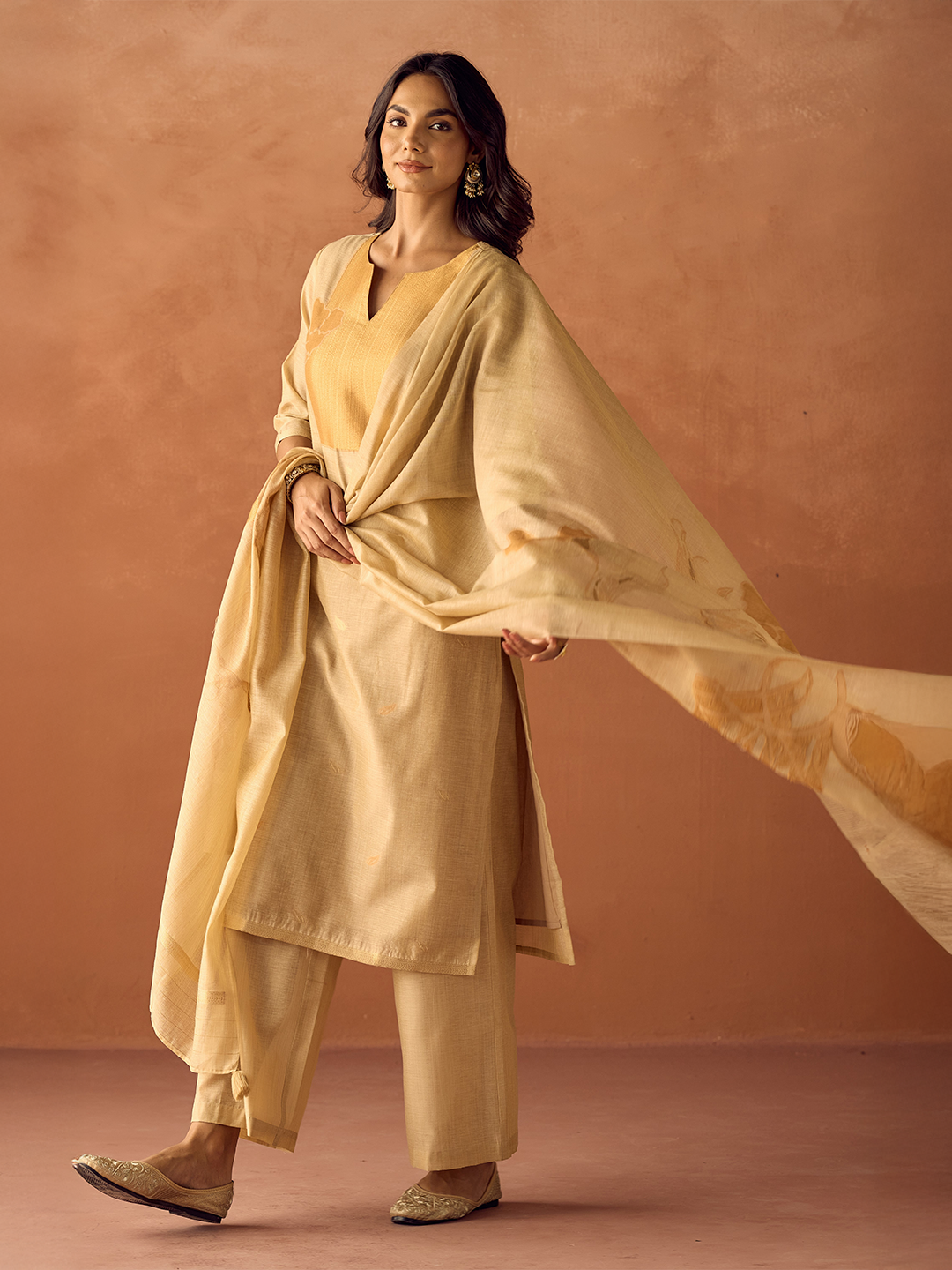 FIORRA Women Beige Cotton Blend Jacquard Woven Kurta Set with Dupatta