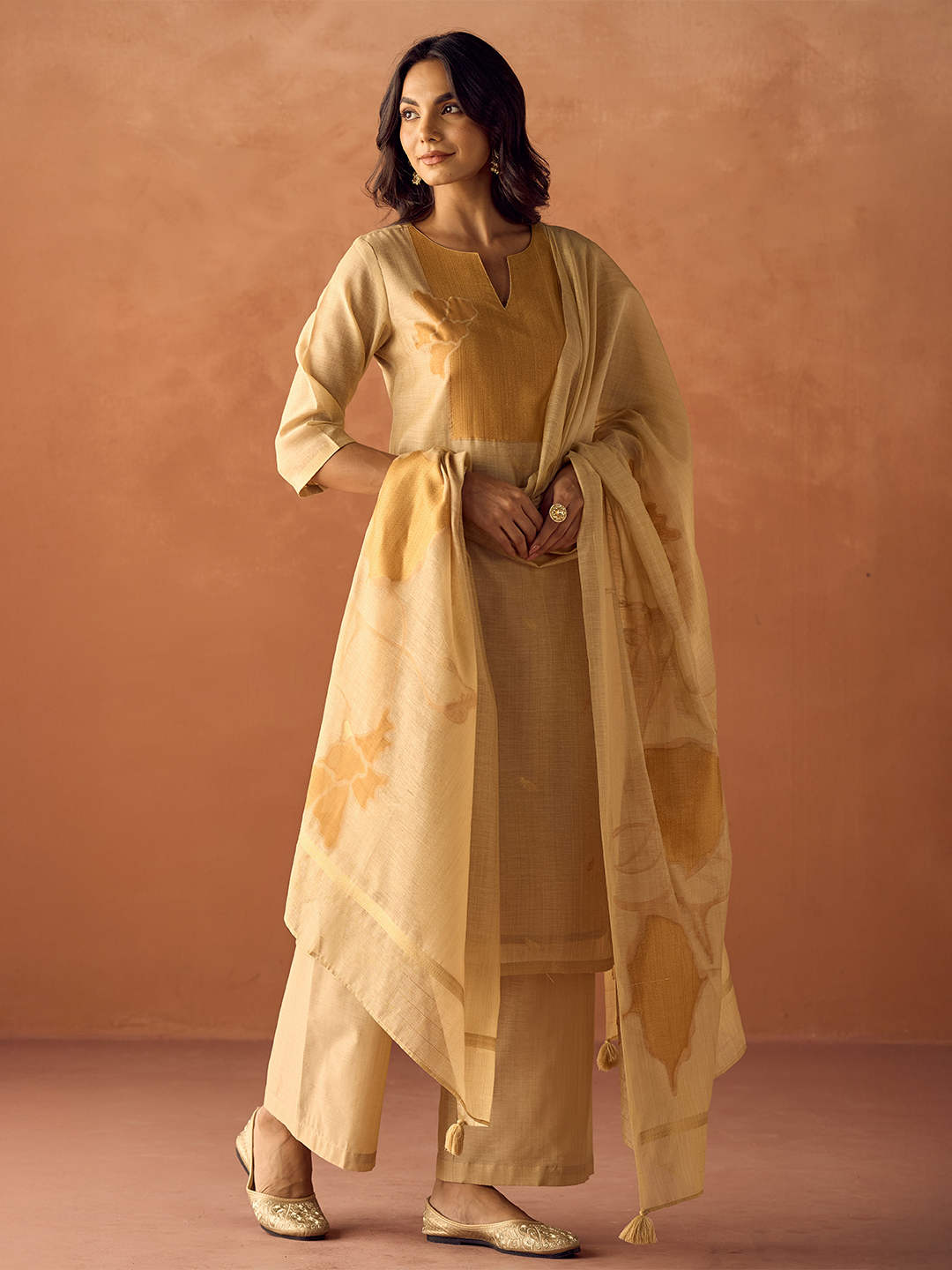 FIORRA Women Beige Cotton Blend Jacquard Woven Kurta Set with Dupatta