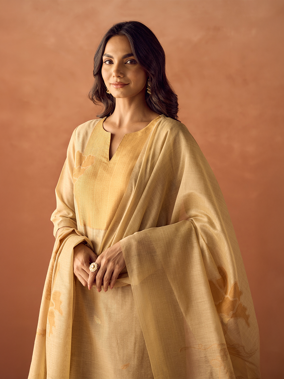 FIORRA Women Beige Cotton Blend Jacquard Woven Kurta Set with Dupatta