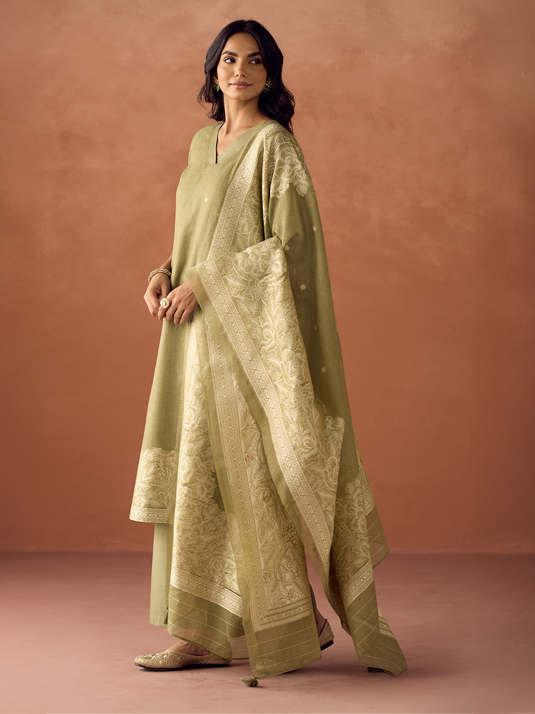 FIORRA Women Green Cotton Blend Jacquard Woven Kurta Set with Dupatta