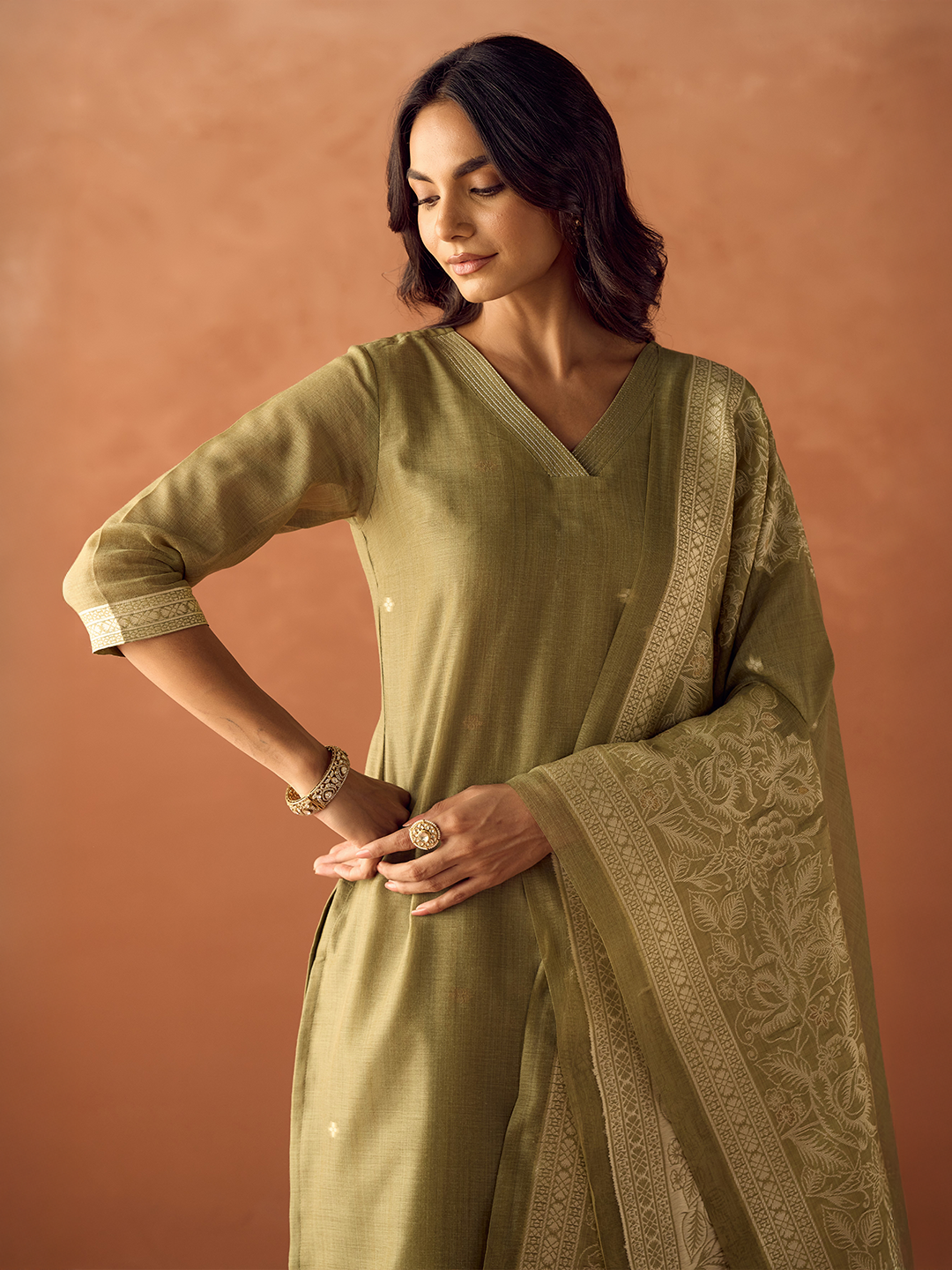 FIORRA Women Green Cotton Blend Jacquard Woven Kurta Set with Dupatta