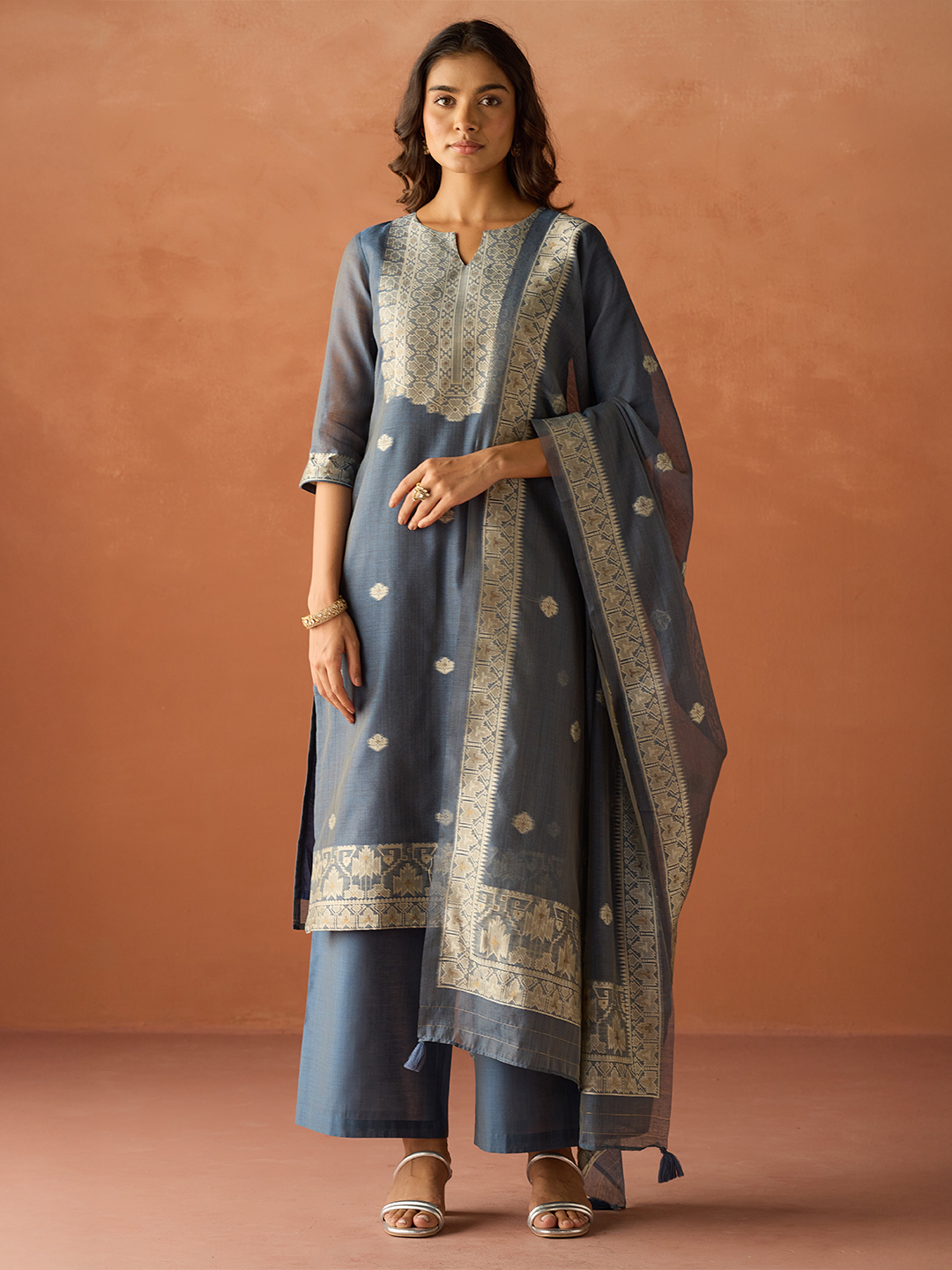 FIORRA Women Blue Cotton Blend Jacquard Woven Kurta Set with Dupatta