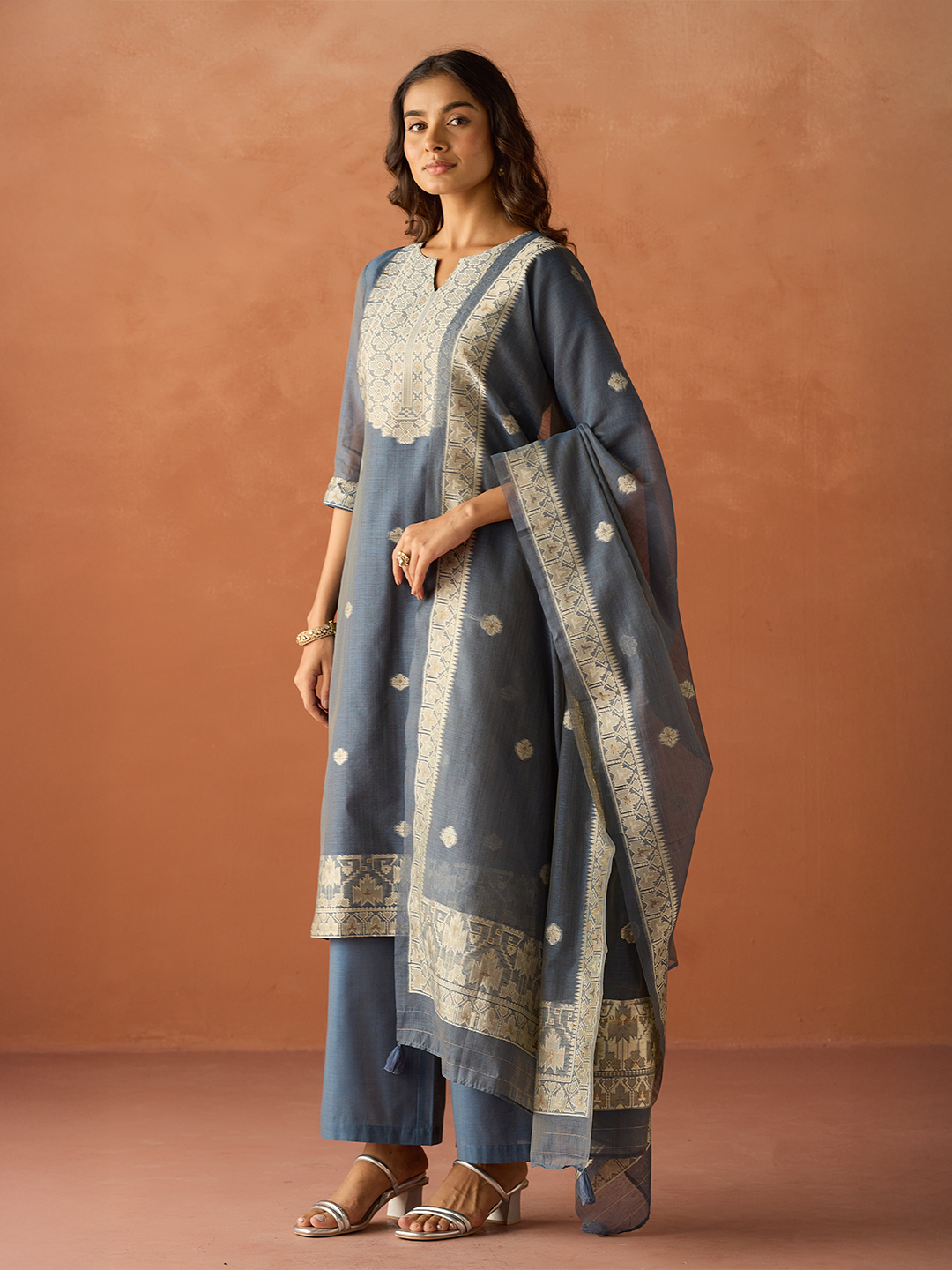 FIORRA Women Blue Cotton Blend Jacquard Woven Kurta Set with Dupatta