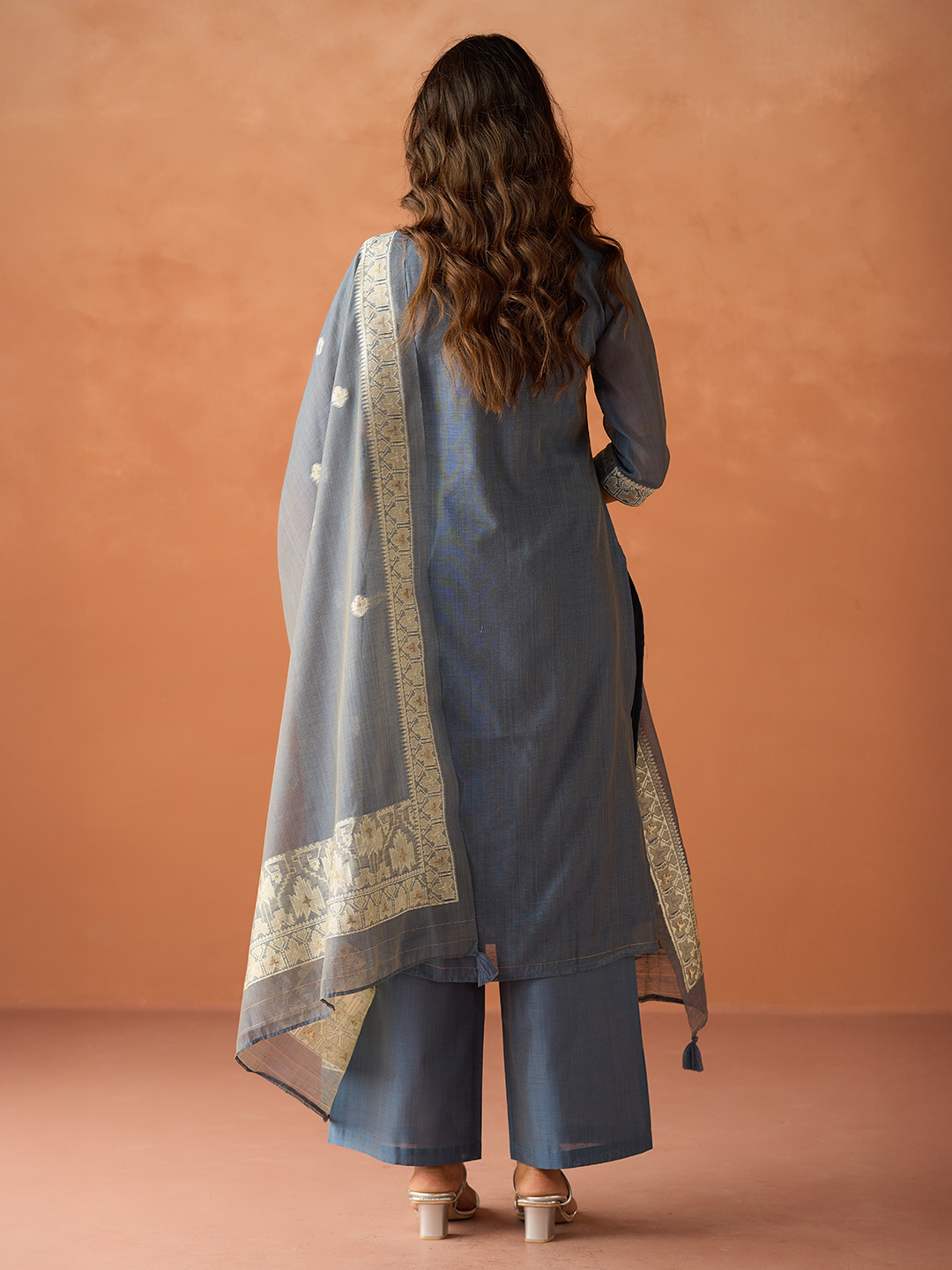 FIORRA Women Blue Cotton Blend Jacquard Woven Kurta Set with Dupatta