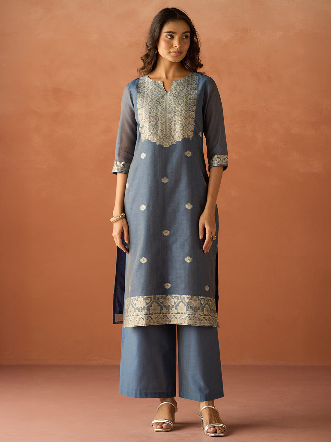 FIORRA Women Blue Cotton Blend Jacquard Woven Kurta Set with Dupatta