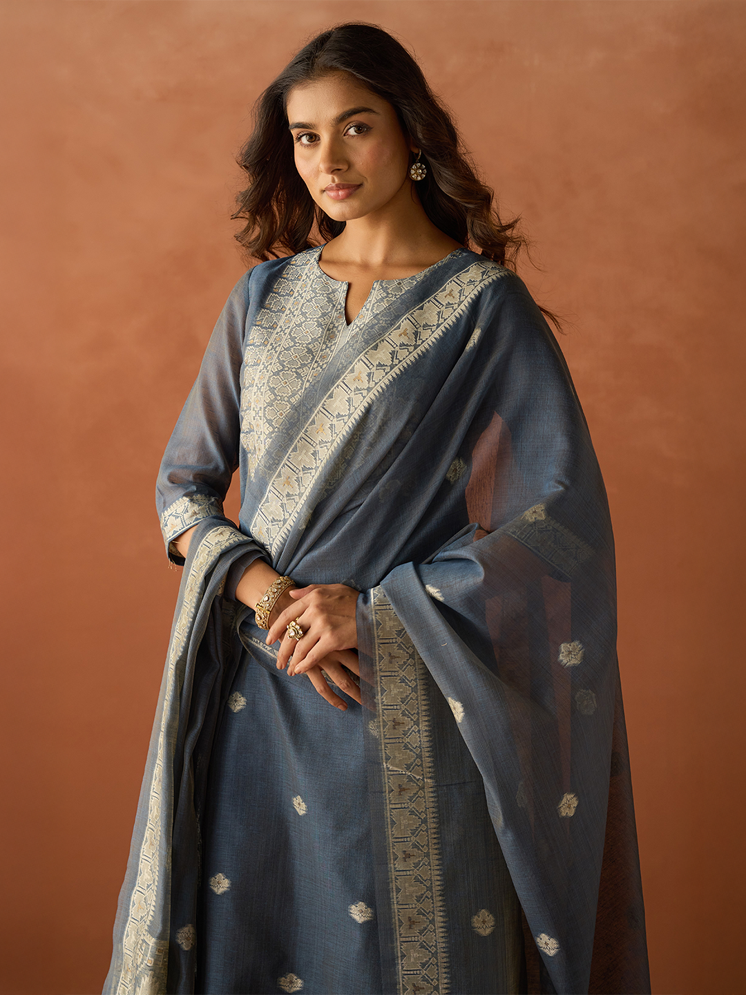 FIORRA Women Blue Cotton Blend Jacquard Woven Kurta Set with Dupatta