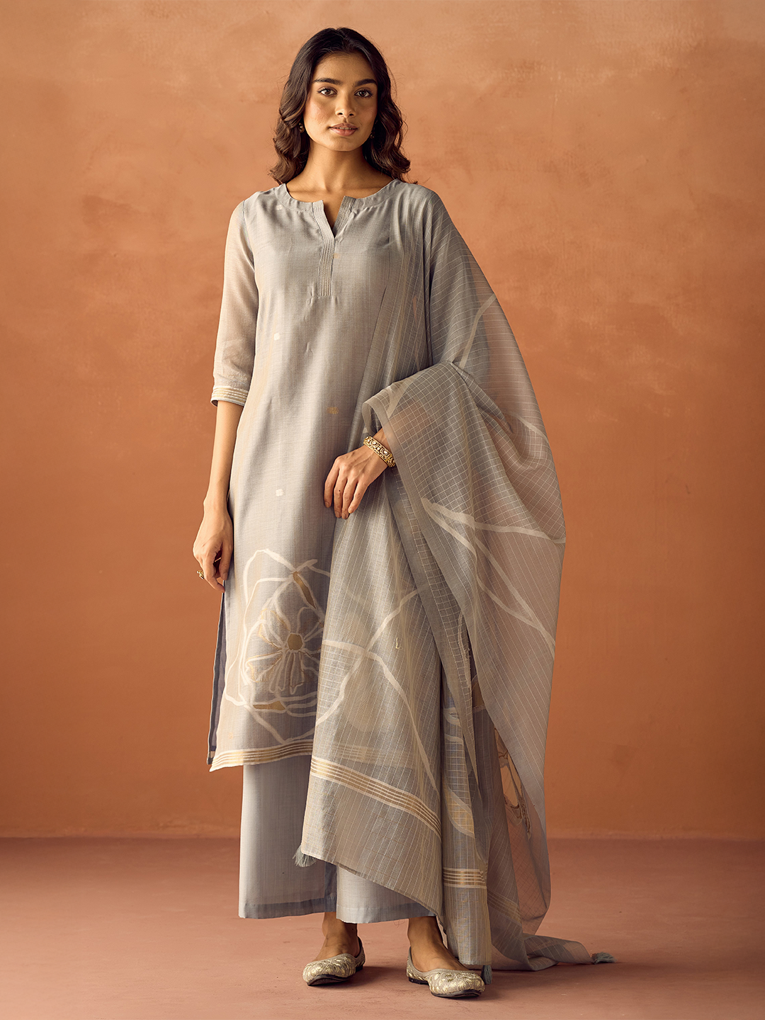 FIORRA Women Grey Cotton Blend Jacquard Woven Kurta Set with Dupatta