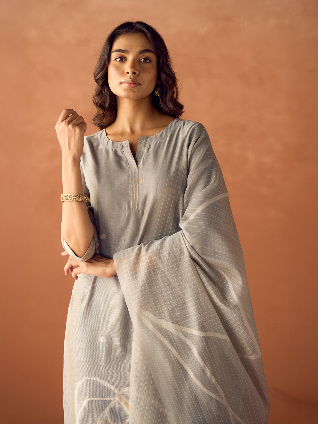FIORRA Women Grey Cotton Blend Jacquard Woven Kurta Set with Dupatta