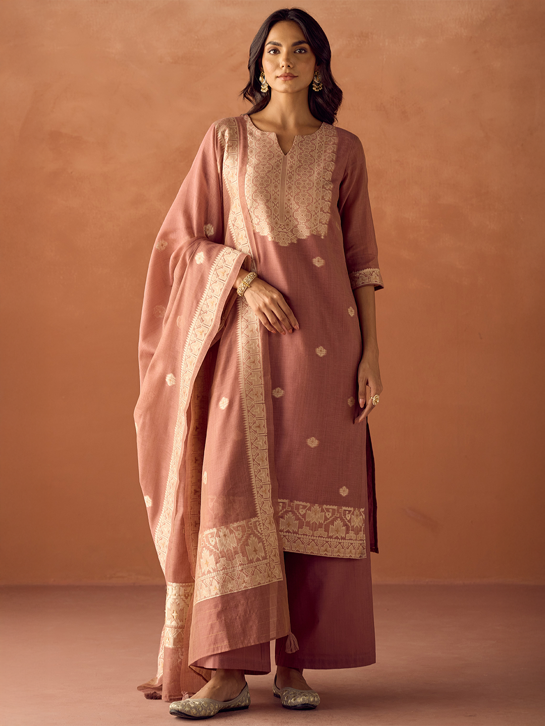 FIORRA Women Dusty Pink Cotton Blend Jacquard Woven Kurta Set with Dupatta