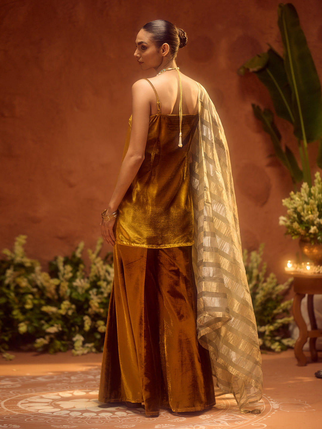 FIORRA Women Ocher Yellow Ice Velvet Embroidered Kurta Set with Dupatta