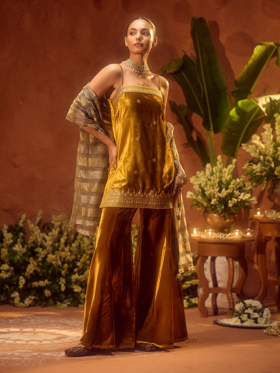 FIORRA Women Ocher Yellow Ice Velvet Embroidered Kurta Set with Dupatta