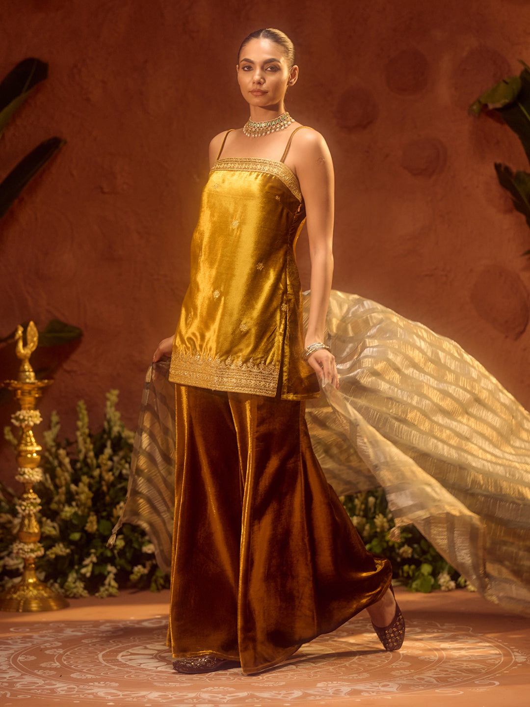 FIORRA Women Ocher Yellow Ice Velvet Embroidered Kurta Set with Dupatta