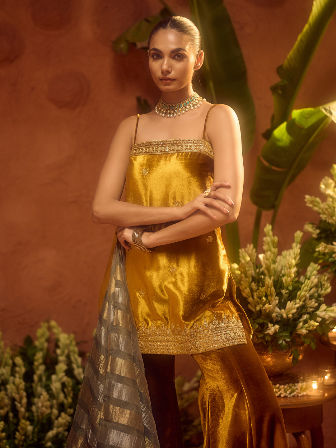 FIORRA Women Ocher Yellow Ice Velvet Embroidered Kurta Set with Dupatta