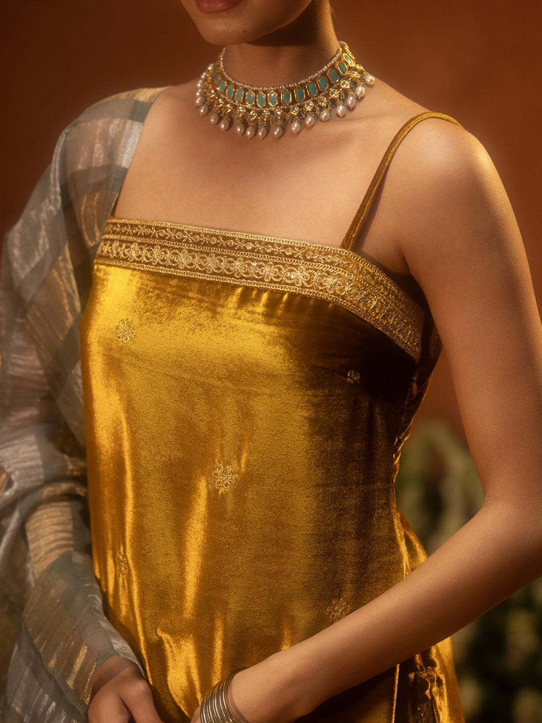 FIORRA Women Ocher Yellow Ice Velvet Embroidered Kurta Set with Dupatta