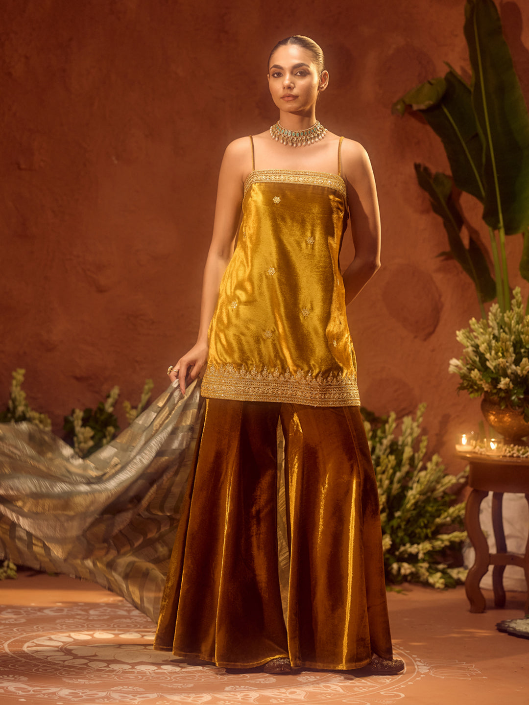 FIORRA Women Ocher Yellow Ice Velvet Embroidered Kurta Set with Dupatta