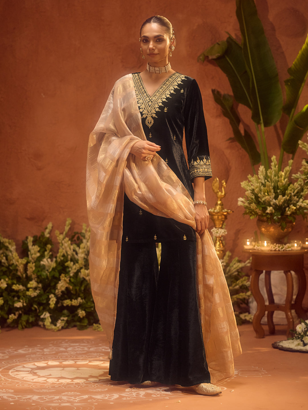 FIORRA Women Black Ice Velvet Embroidered Kurta Set with Dupatta