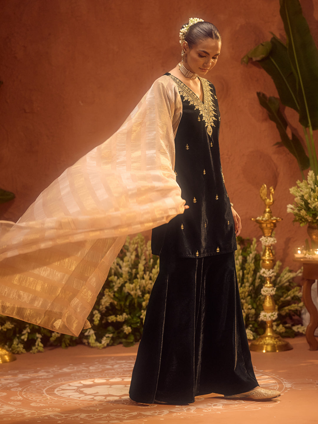 FIORRA Women Black Ice Velvet Embroidered Kurta Set with Dupatta