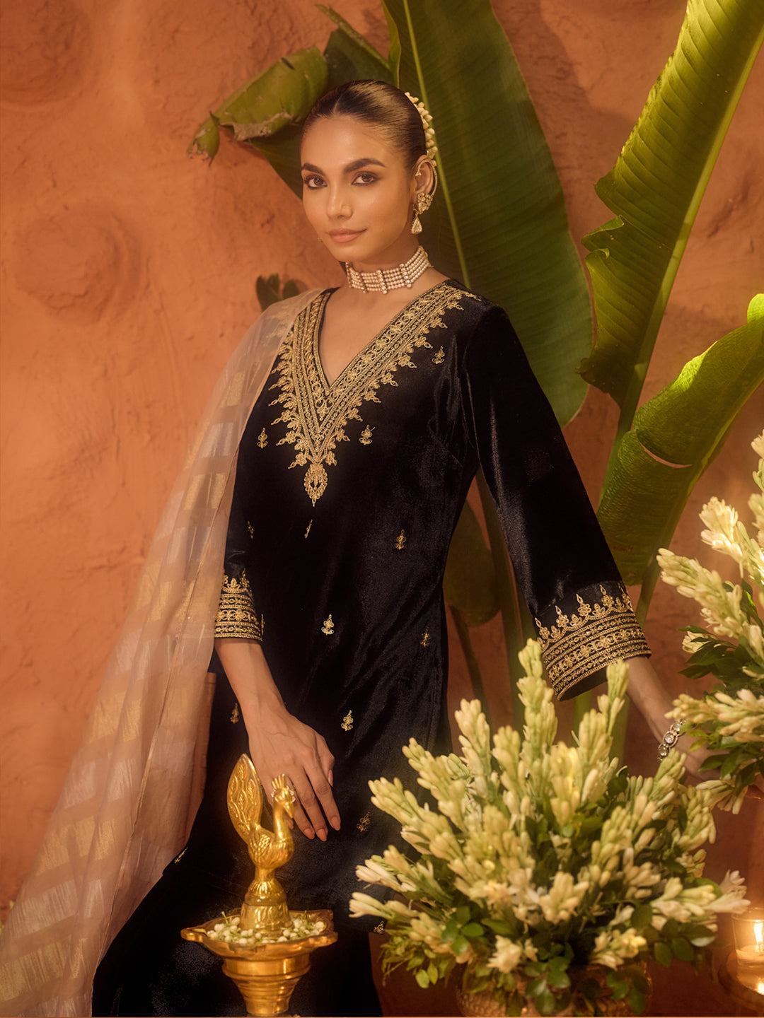 FIORRA Women Black Ice Velvet Embroidered Kurta Set with Dupatta