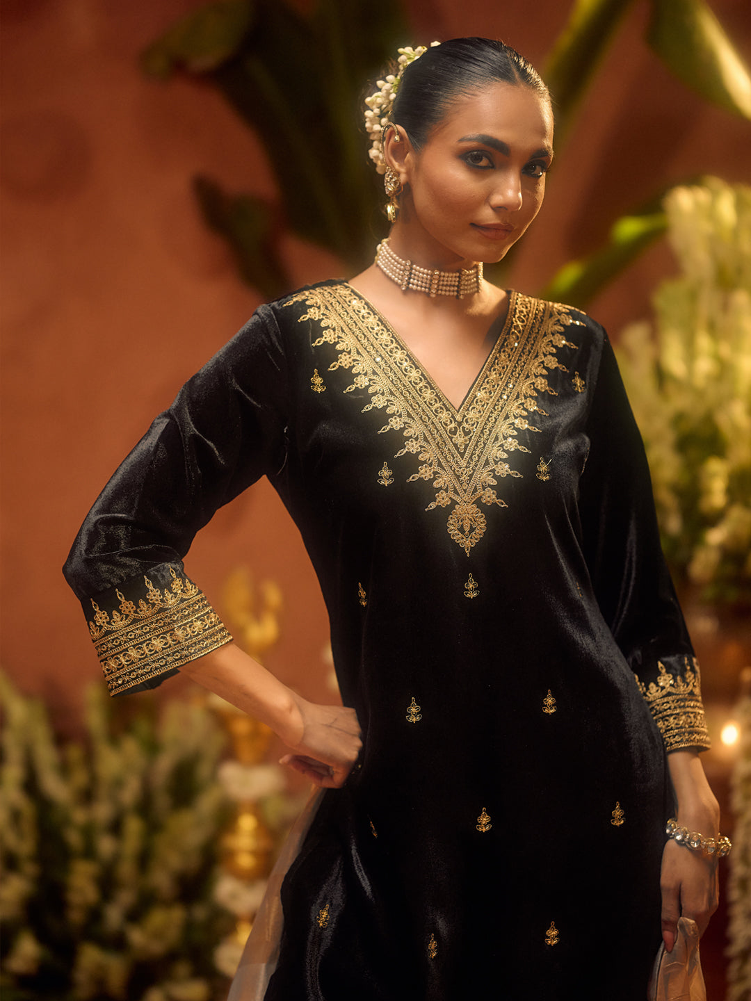 FIORRA Women Black Ice Velvet Embroidered Kurta Set with Dupatta