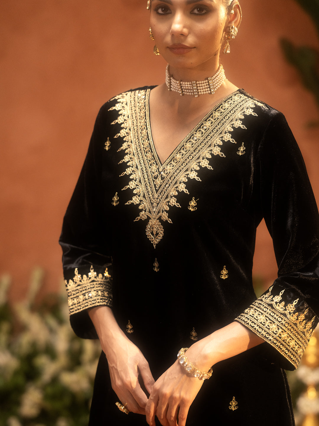 FIORRA Women Black Ice Velvet Embroidered Kurta Set with Dupatta