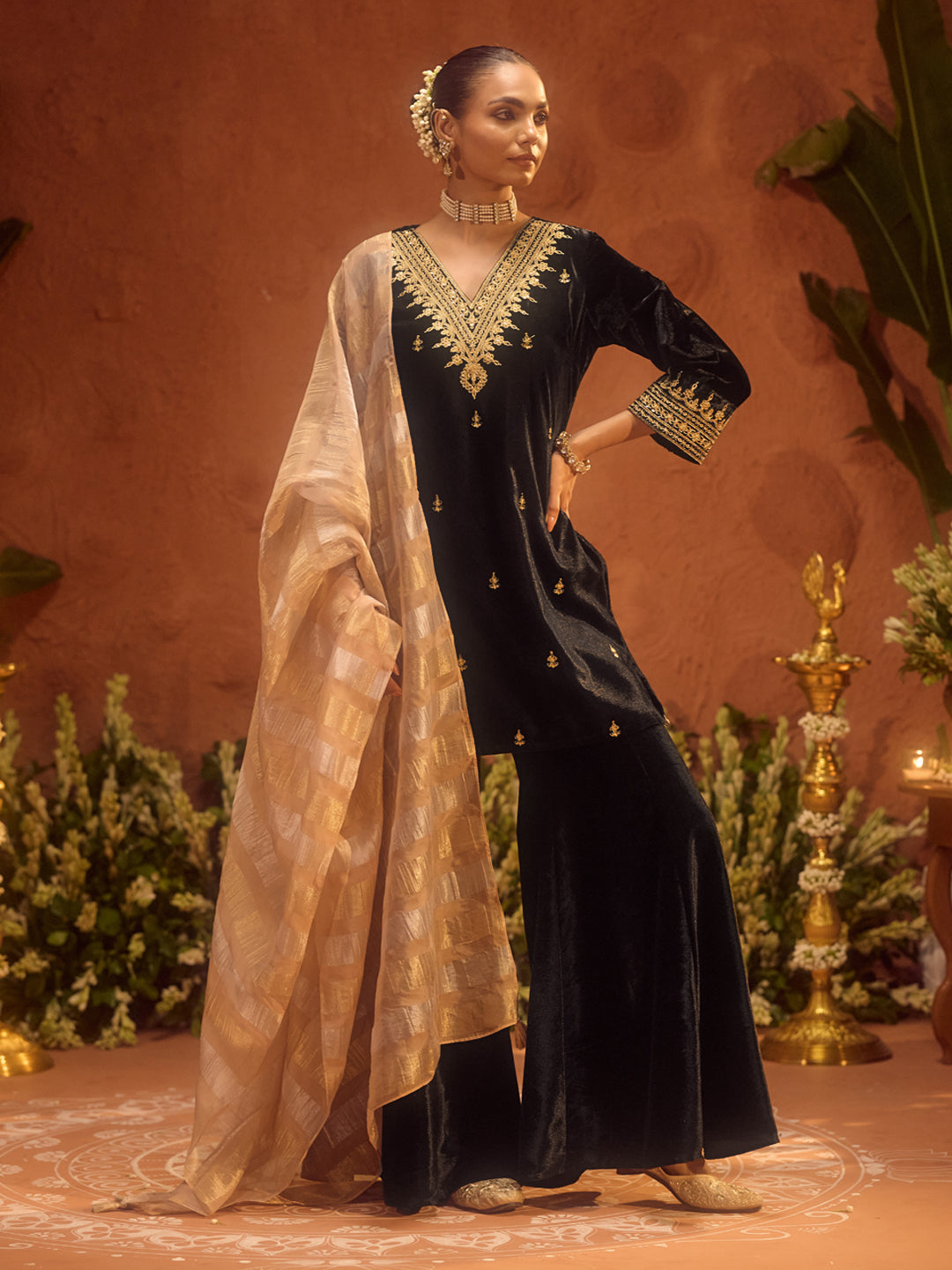 FIORRA Women Black Ice Velvet Embroidered Kurta Set with Dupatta