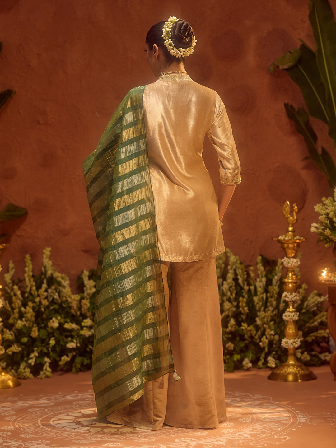 FIORRA Women Beige Ice Velvet Embroidered Kurta Set with Dupatta