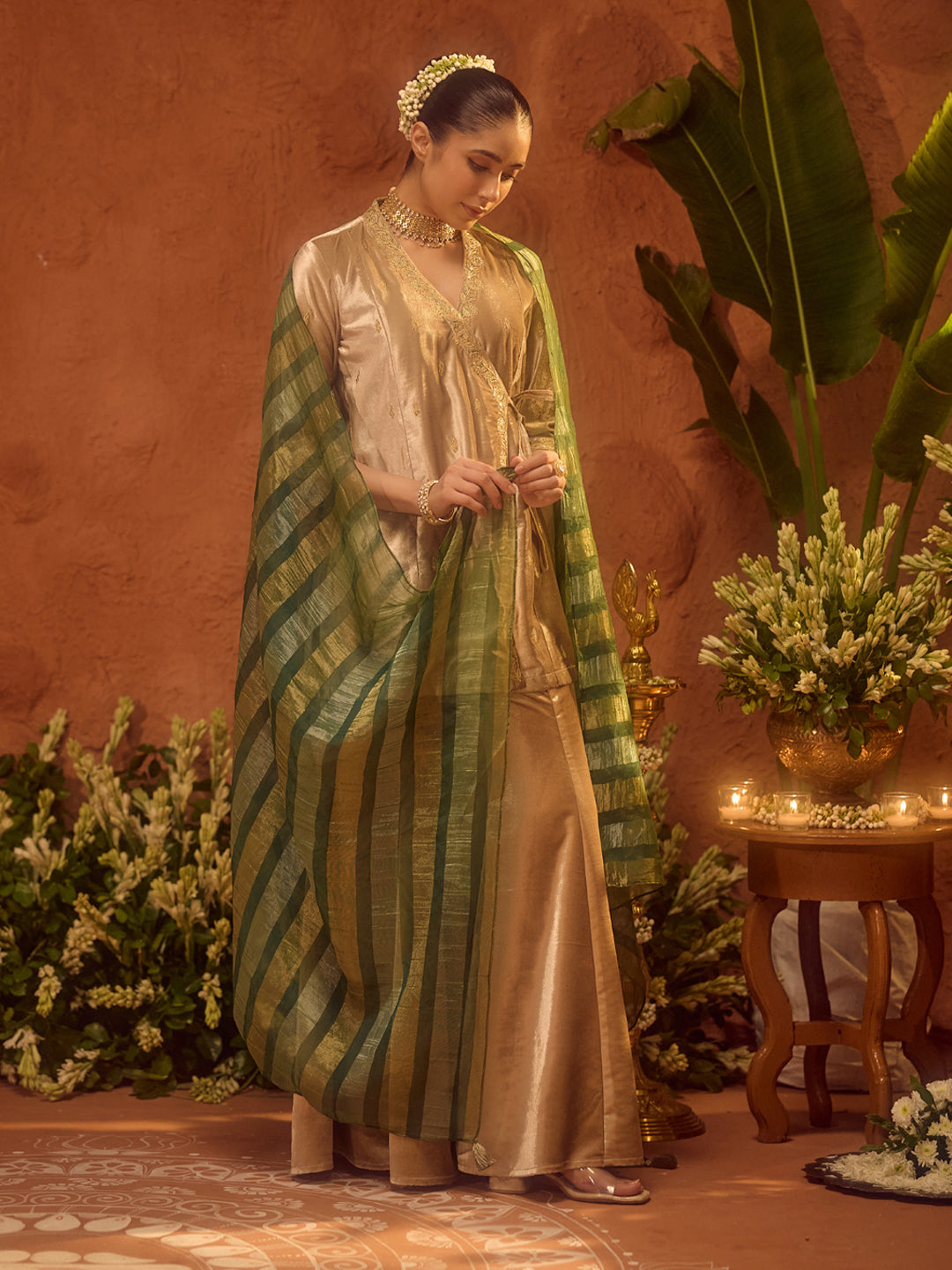 FIORRA Women Beige Ice Velvet Embroidered Kurta Set with Dupatta