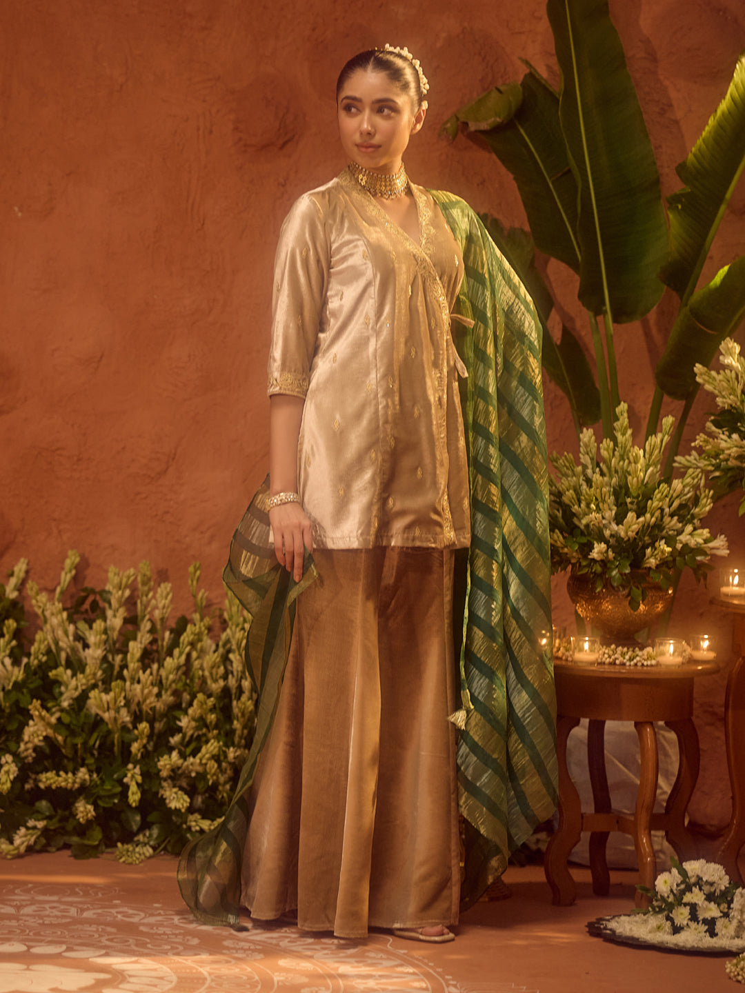 FIORRA Women Beige Ice Velvet Embroidered Kurta Set with Dupatta