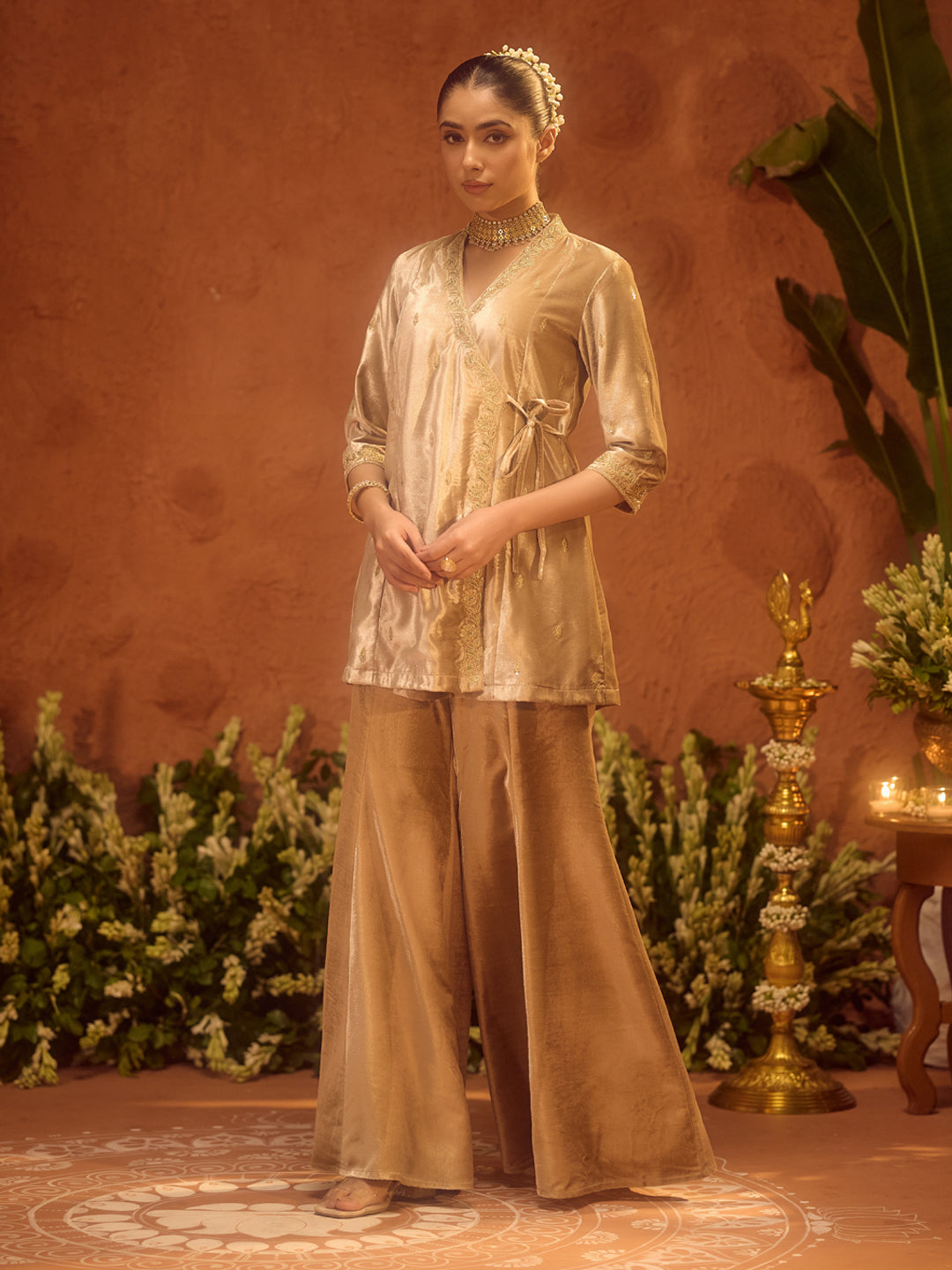 FIORRA Women Beige Ice Velvet Embroidered Kurta Set with Dupatta