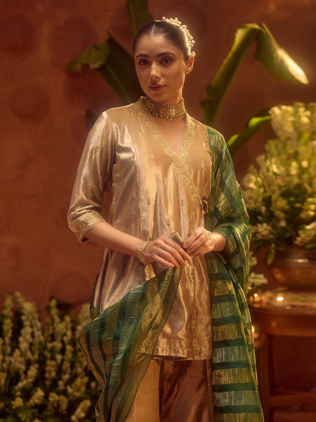 FIORRA Women Beige Ice Velvet Embroidered Kurta Set with Dupatta