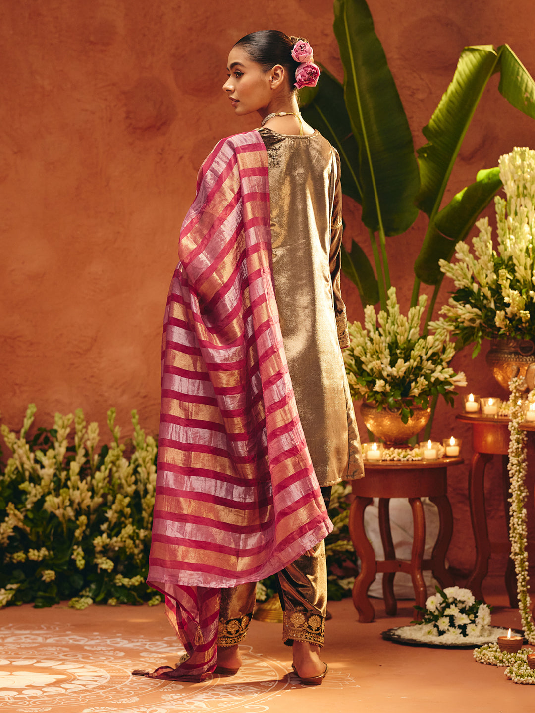 FIORRA Women Brown Ice Velvet Embroidered Kurta Set with Dupatta