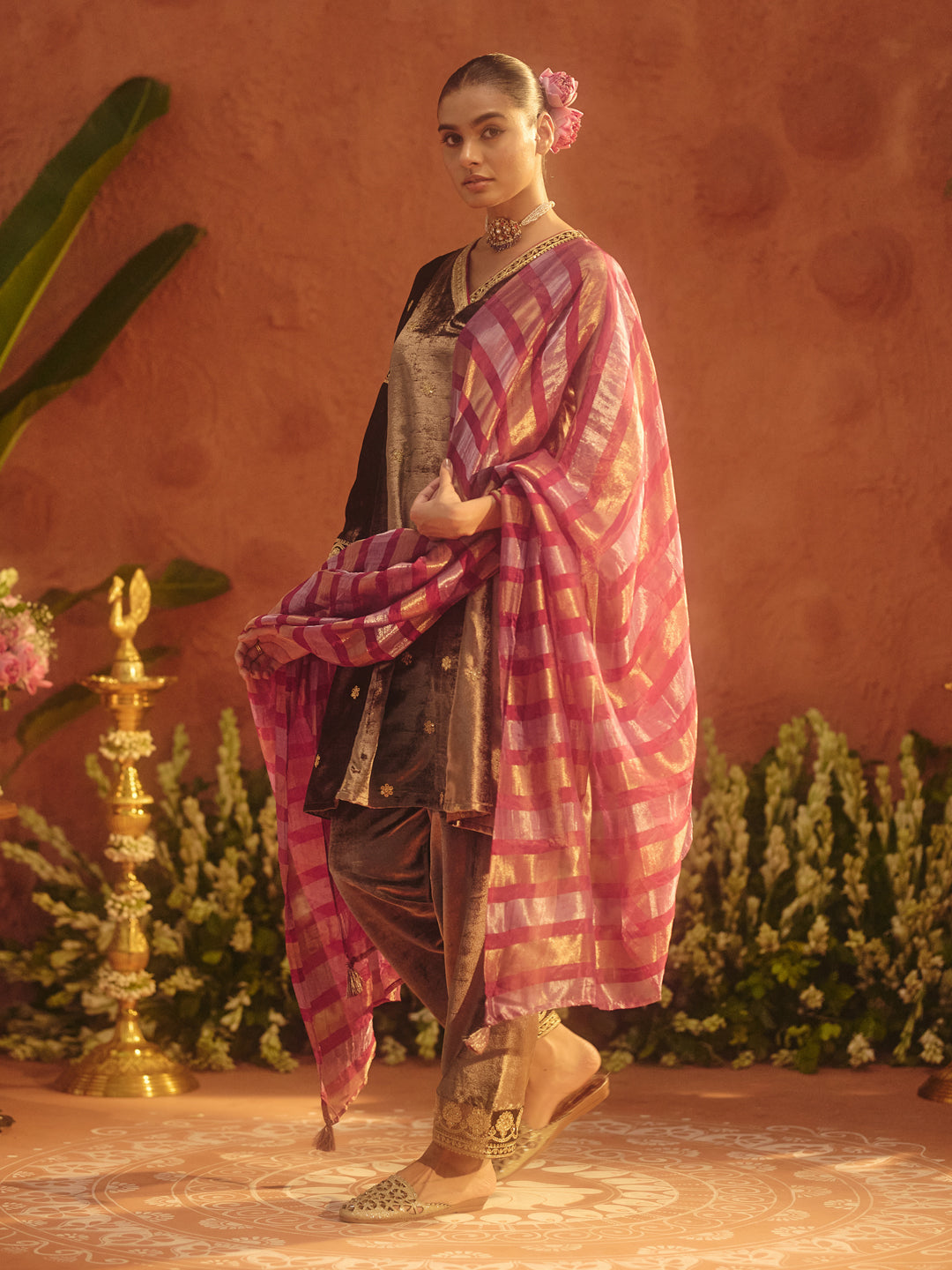 FIORRA Women Brown Ice Velvet Embroidered Kurta Set with Dupatta