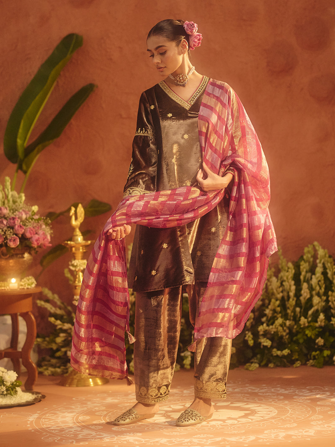 FIORRA Women Brown Ice Velvet Embroidered Kurta Set with Dupatta