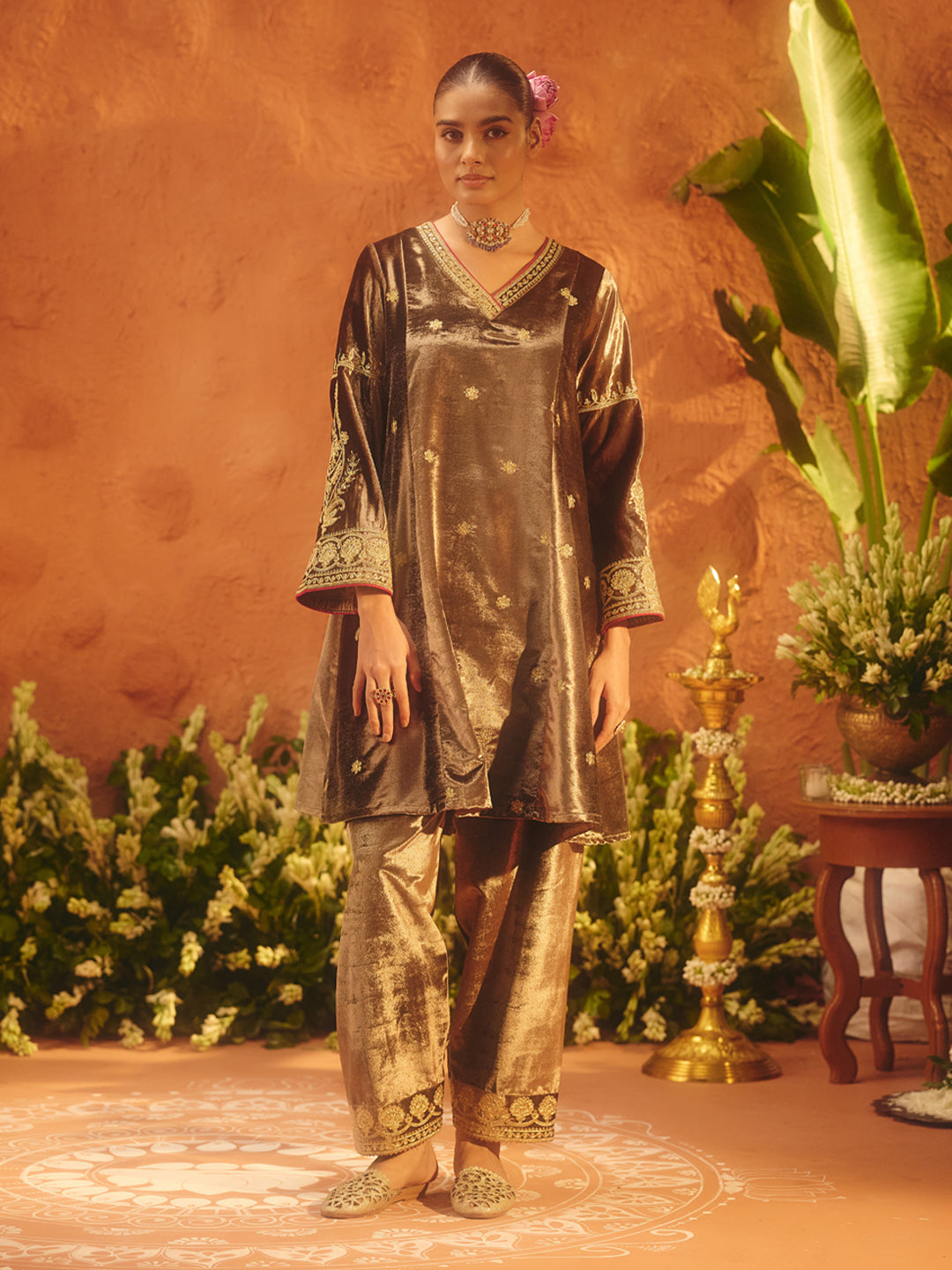 FIORRA Women Brown Ice Velvet Embroidered Kurta Set with Dupatta