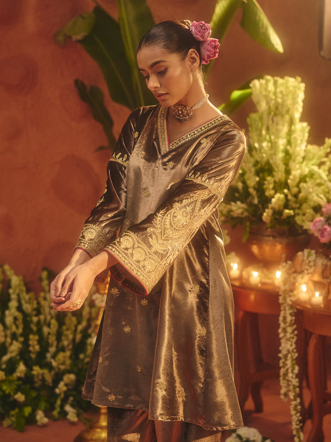 FIORRA Women Brown Ice Velvet Embroidered Kurta Set with Dupatta