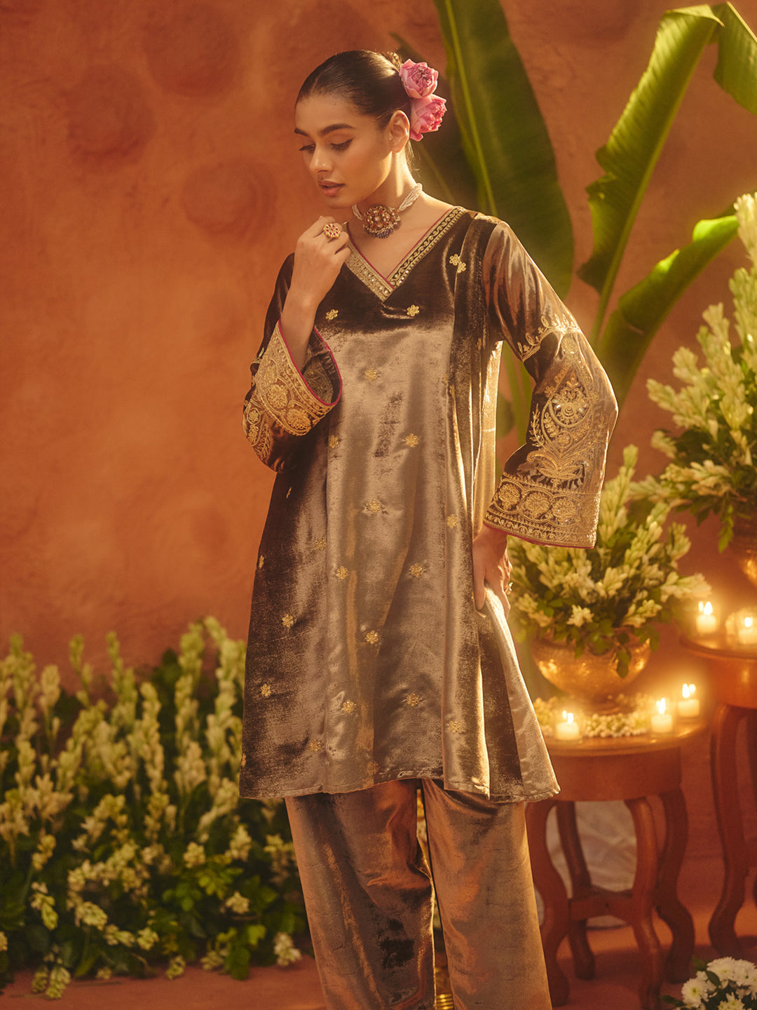 FIORRA Women Brown Ice Velvet Embroidered Kurta Set with Dupatta