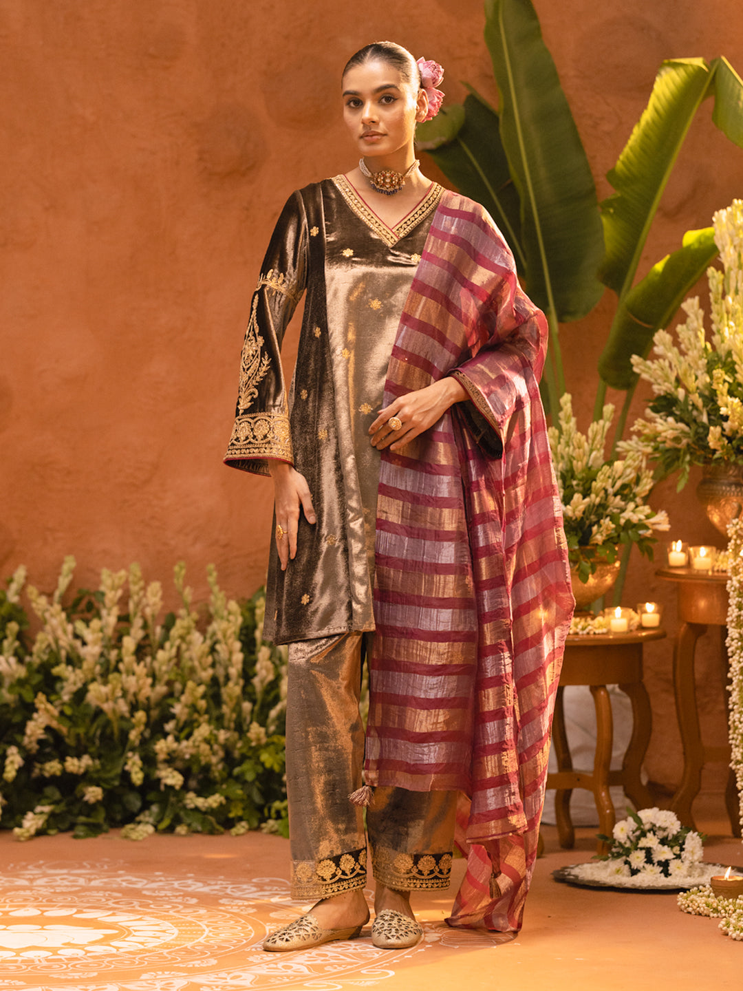 FIORRA Women Brown Ice Velvet Embroidered Kurta Set with Dupatta