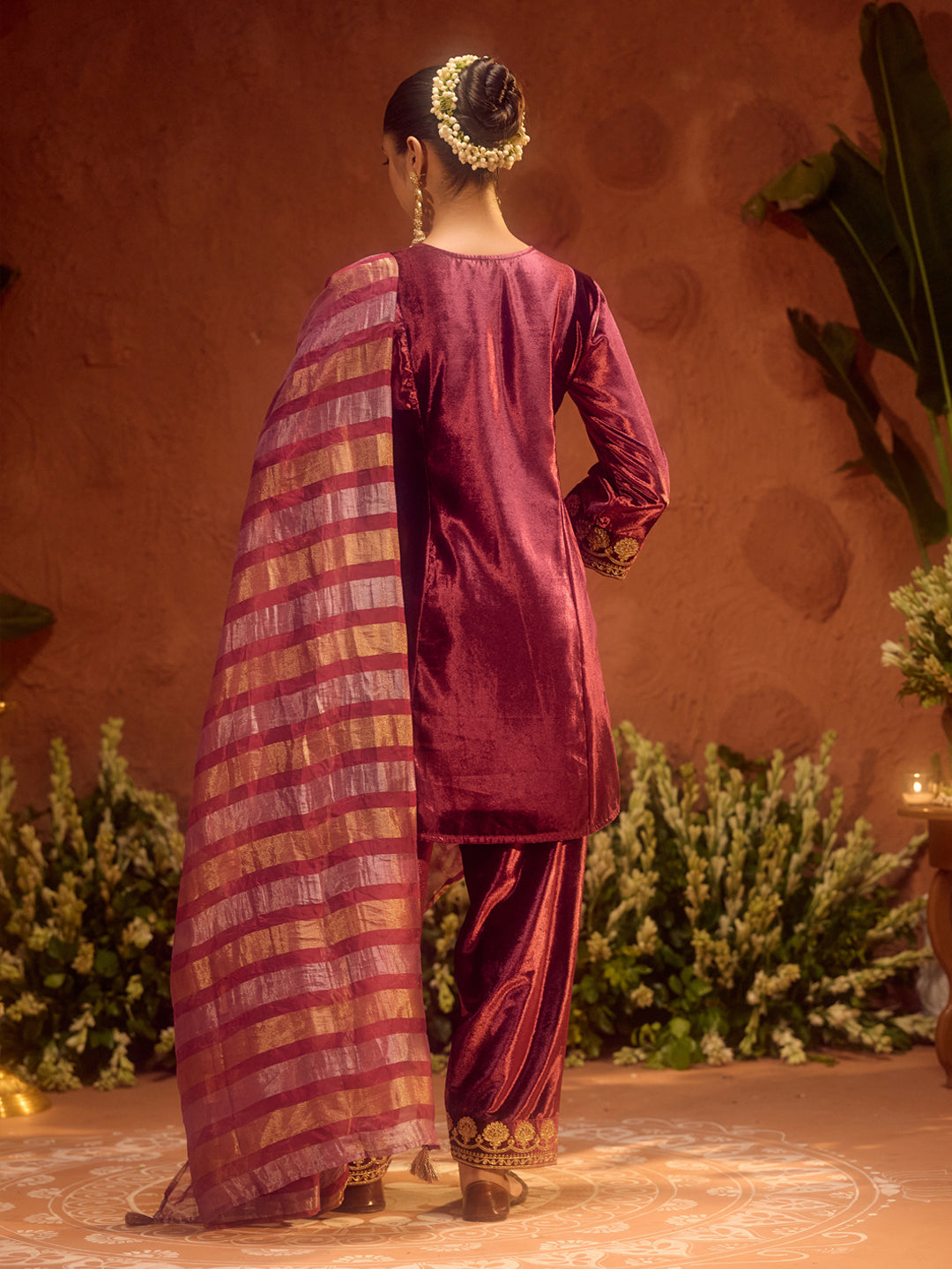 FIORRA Women Wine Ice Velvet Embroidered Kurta Set with Dupatta