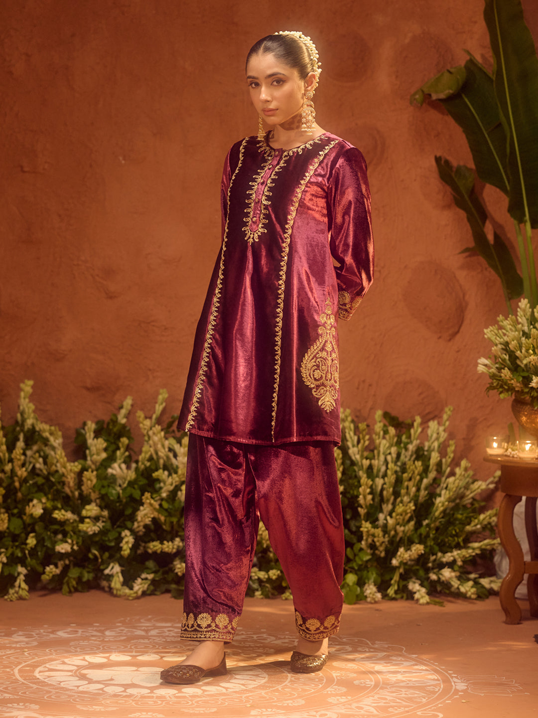 FIORRA Women Wine Ice Velvet Embroidered Kurta Set with Dupatta