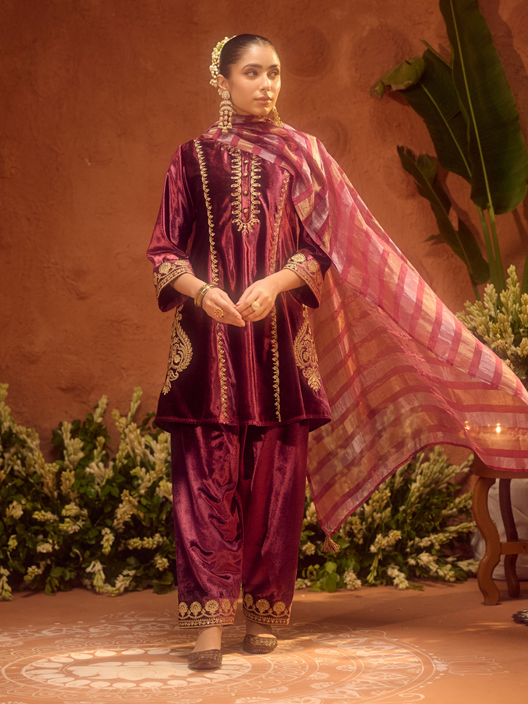 FIORRA Women Wine Ice Velvet Embroidered Kurta Set with Dupatta