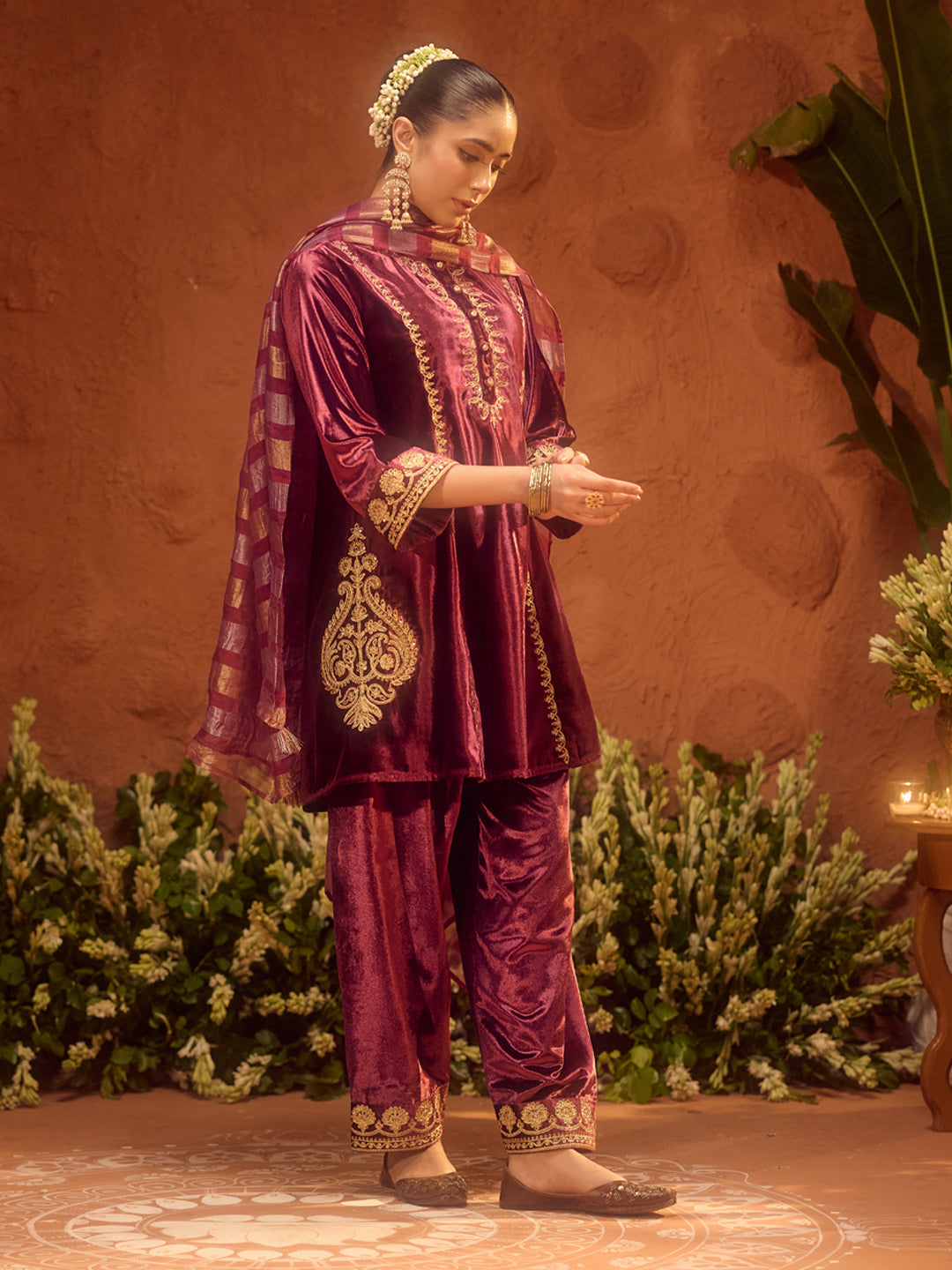 FIORRA Women Wine Ice Velvet Embroidered Kurta Set with Dupatta